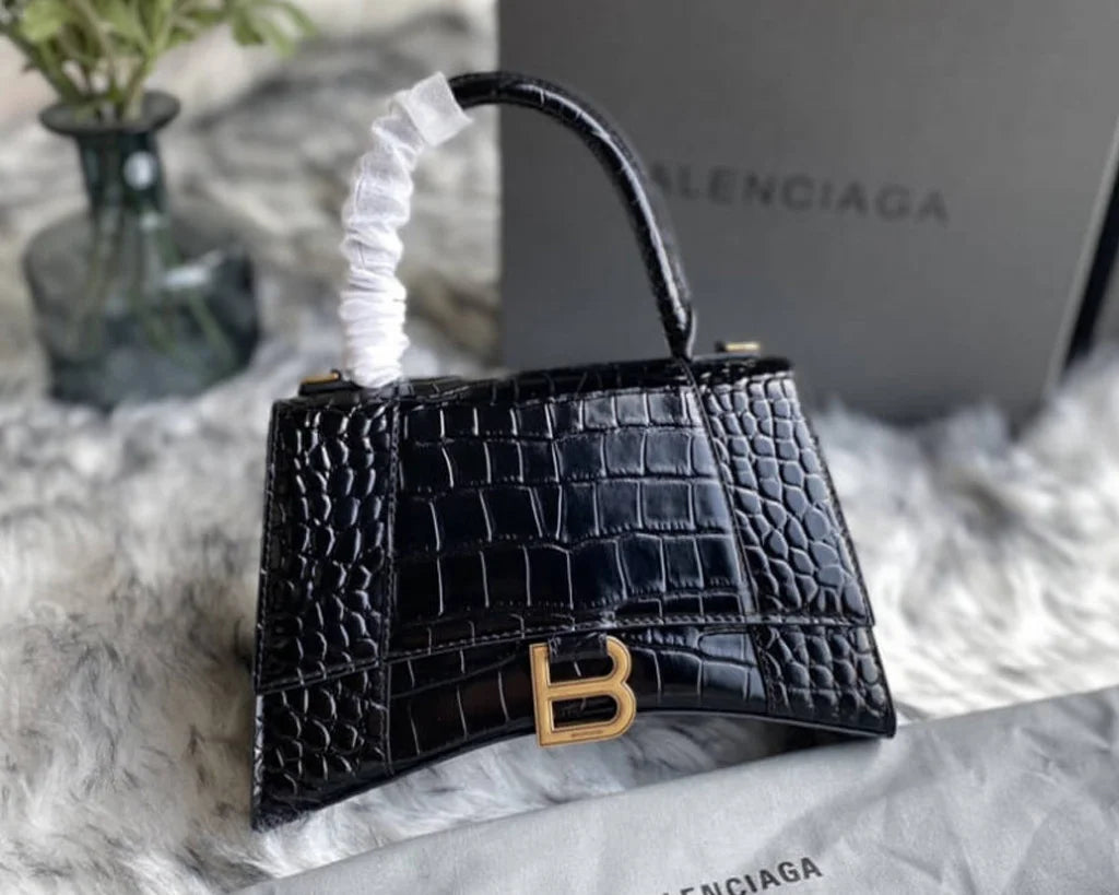Black Croc-Embossed Hourglass Mini Bag – Textured Leather