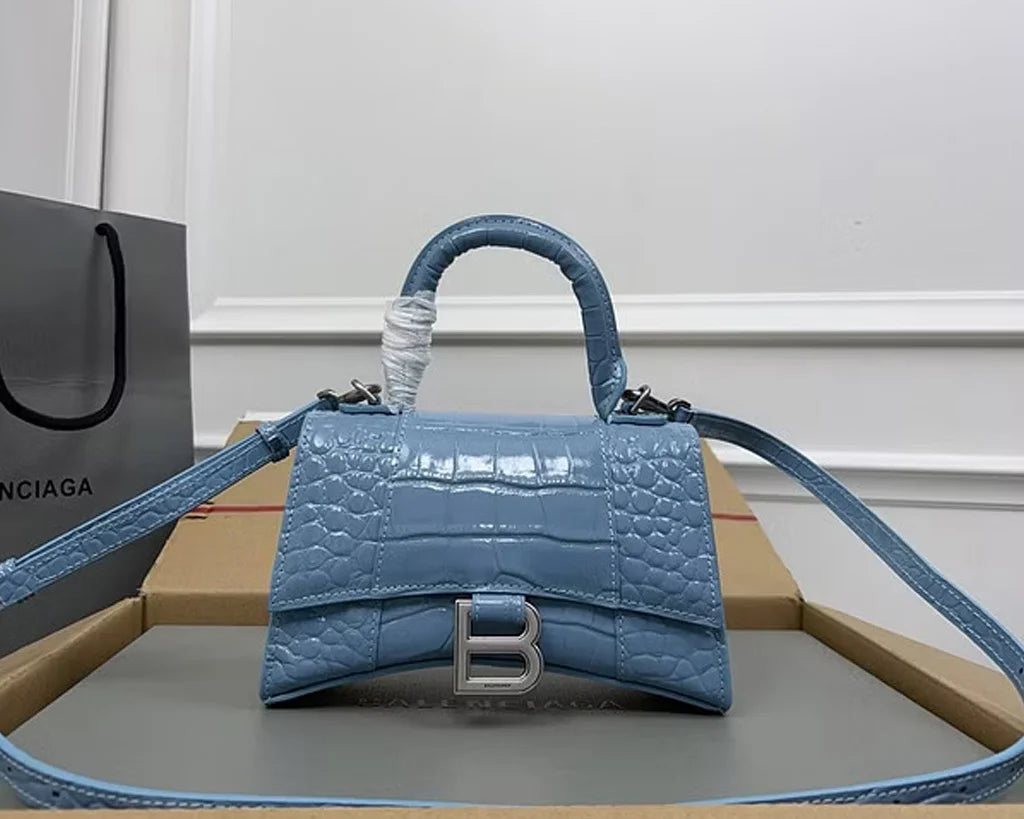 Blue Croc-Embossed Hourglass Mini Bag – Textured Leather