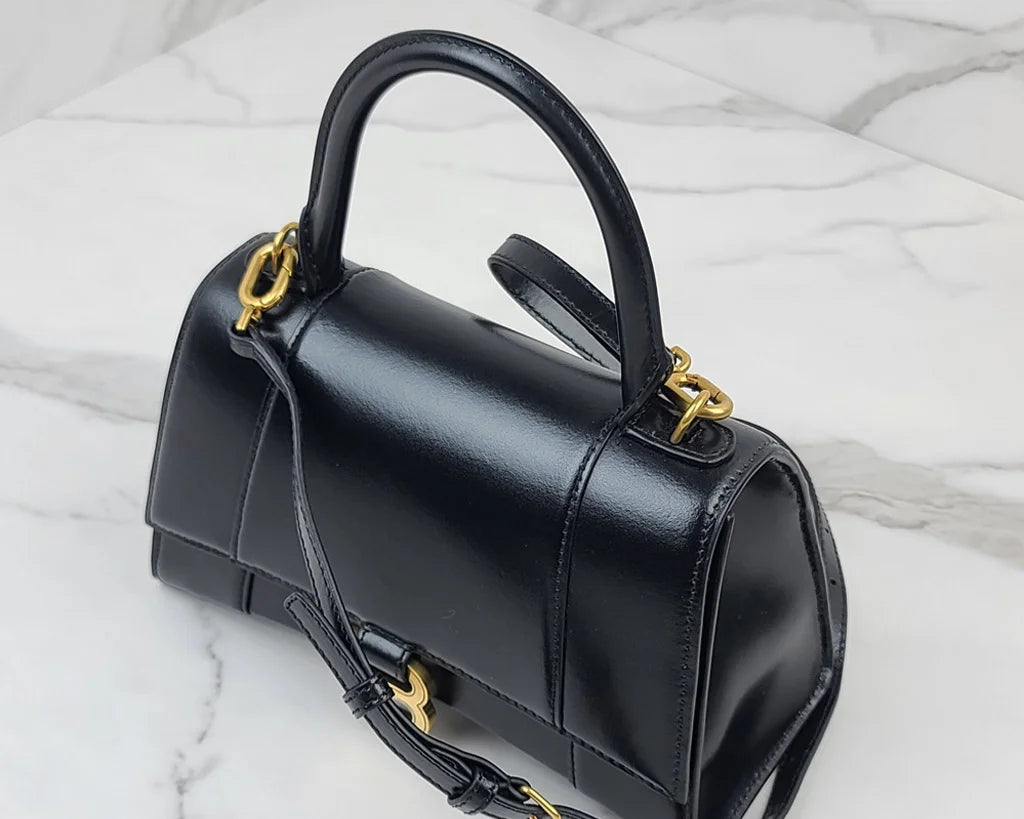 Textured Calfskin Hourglass Top‑Handle Bag – Black – Designer Style