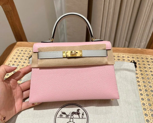 Dual‑Tone Mini Saddle Top‑Handle Bag – Rose Sakura & Grey Chevre – Luxury Inspired