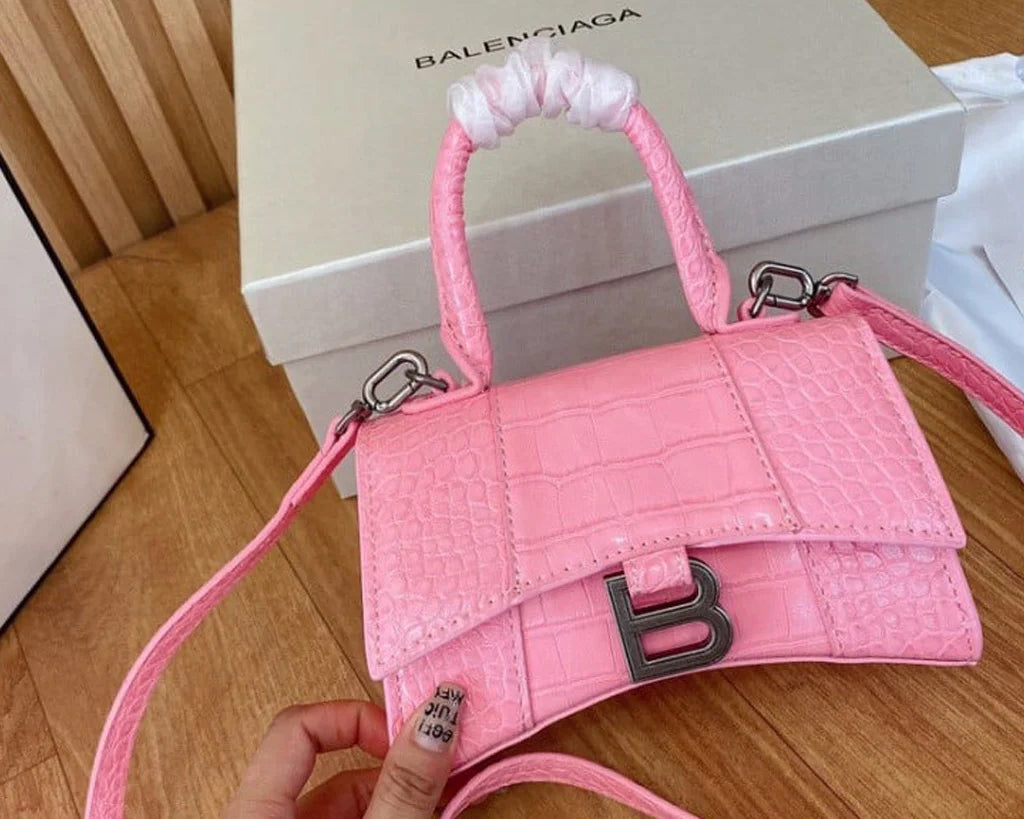 Pink Croc-Embossed Hourglass Mini Bag – Textured Leather