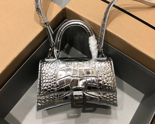 Structured Silver Croc-Embossed Mini Handbag – Metallic Tone