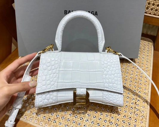 Compact Hourglass-Shaped Bag – White Croc Leather – Gold Tone