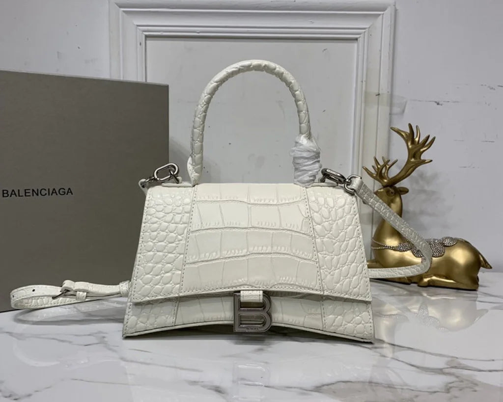 Croc-Embossed Hourglass Mini Bag – White Leather – Silver Hardware