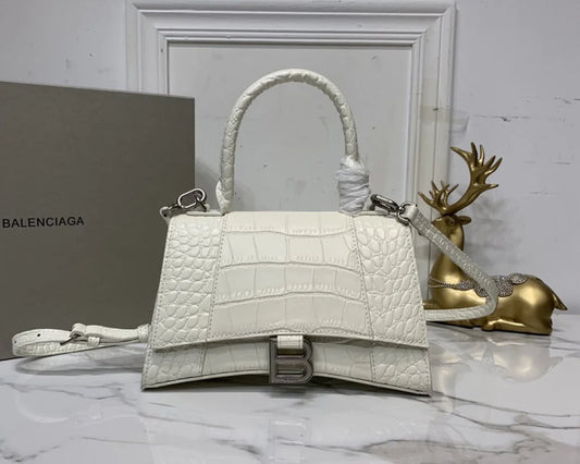 Croc-Embossed Hourglass Mini Bag – White Leather – Silver Hardware