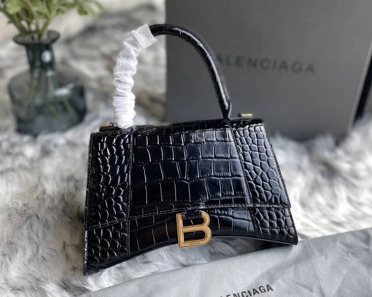 Black Croc-Embossed Hourglass Mini Bag – Textured Leather