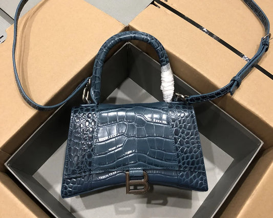 Deep Blue Croc-Embossed Hourglass Mini Bag – Textured Leather