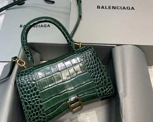 Emerald Green Croc-Embossed Hourglass Mini Bag – Textured Leather