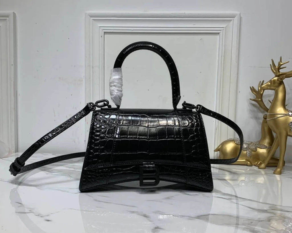 Mini Crocodile-Pattern Top-Handle Bag – Deep Black – Luxury Inspired