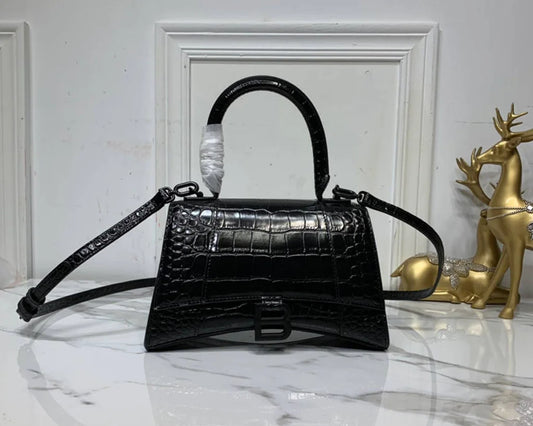 Mini Crocodile-Pattern Top-Handle Bag – Deep Black – Luxury Inspired