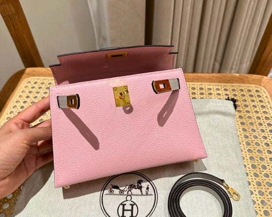 Dual‑Tone Mini Saddle Top‑Handle Bag – Rose Sakura & Grey Chevre – Luxury Inspired