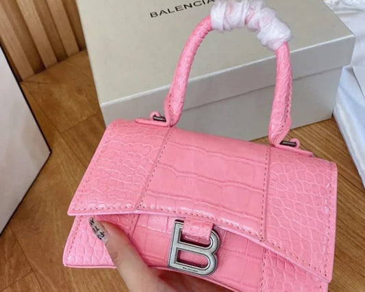 Pink Croc-Embossed Hourglass Mini Bag – Textured Leather