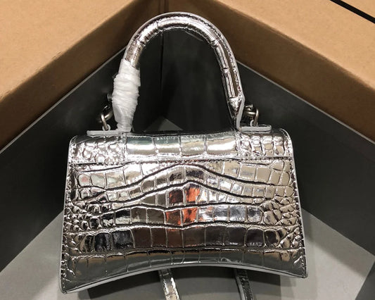 Structured Silver Croc-Embossed Mini Handbag – Metallic Tone