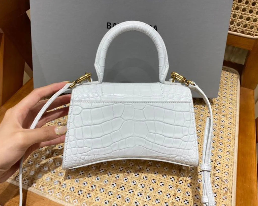 Compact Hourglass-Shaped Bag – White Croc Leather – Gold Tone