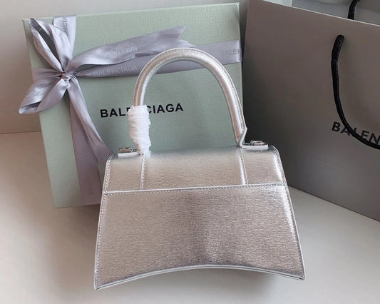 Silver Textured Calfskin Hourglass Mini Bag – Structured Design