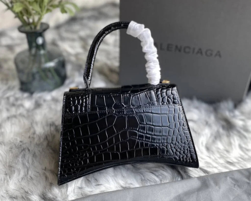 Black Croc-Embossed Hourglass Mini Bag – Textured Leather