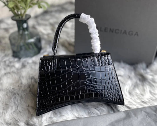 Black Croc-Embossed Hourglass Mini Bag – Textured Leather