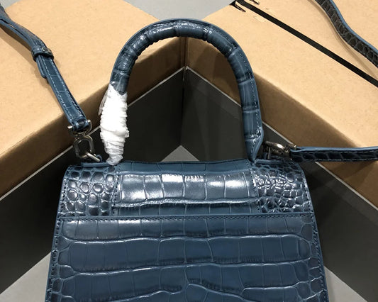 Deep Blue Croc-Embossed Hourglass Mini Bag – Textured Leather