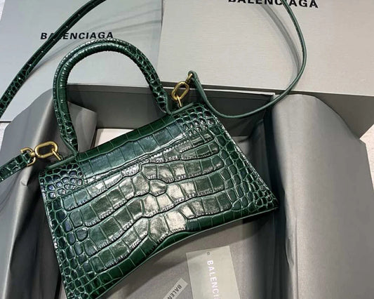 Emerald Green Croc-Embossed Hourglass Mini Bag – Textured Leather