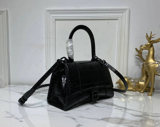 Mini Crocodile-Pattern Top-Handle Bag – Deep Black – Luxury Inspired
