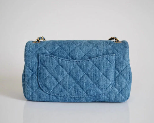 Square Mini Denim Flap Bag – Blue – Pearl Chain Accent
