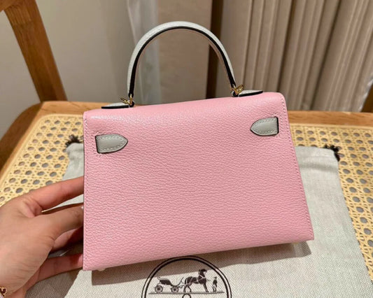 Dual‑Tone Mini Saddle Top‑Handle Bag – Rose Sakura & Grey Chevre – Luxury Inspired