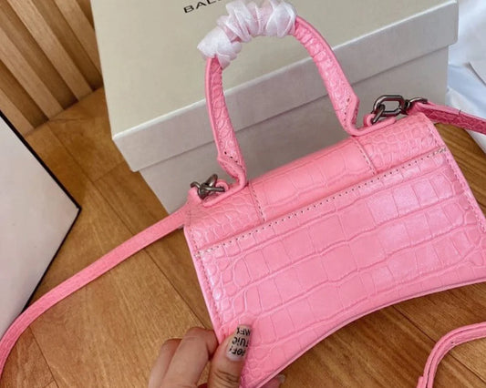 Pink Croc-Embossed Hourglass Mini Bag – Textured Leather