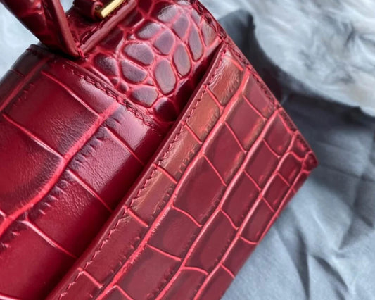 Red Croc-Embossed Hourglass Mini Bag – Textured Leather