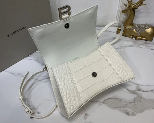 Croc-Embossed Hourglass Mini Bag – White Leather – Silver Hardware