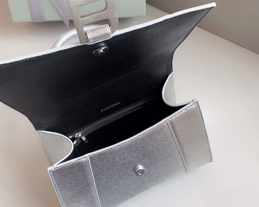 Silver Textured Calfskin Hourglass Mini Bag – Structured Design