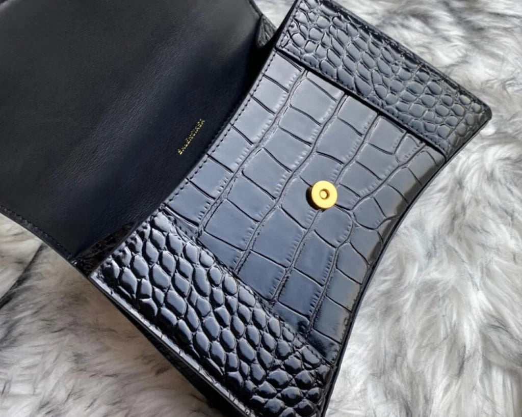 Black Croc-Embossed Hourglass Mini Bag – Textured Leather
