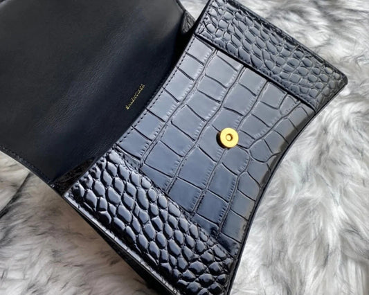 Black Croc-Embossed Hourglass Mini Bag – Textured Leather