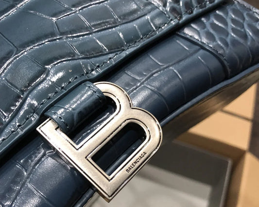 Deep Blue Croc-Embossed Hourglass Mini Bag – Textured Leather