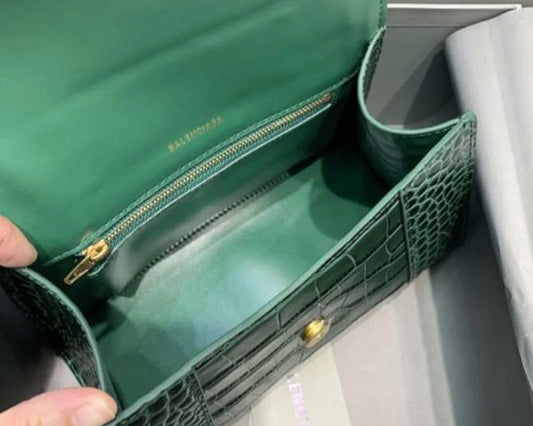 Emerald Green Croc-Embossed Hourglass Mini Bag – Textured Leather