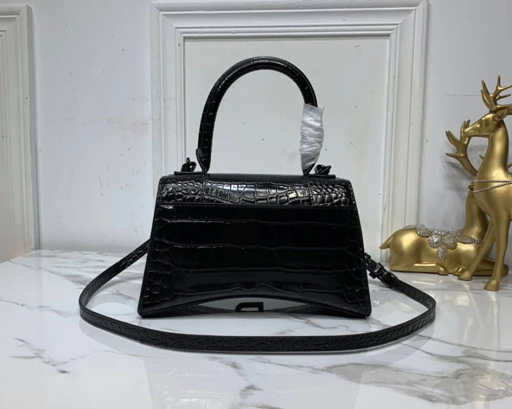 Mini Crocodile-Pattern Top-Handle Bag – Deep Black – Luxury Inspired