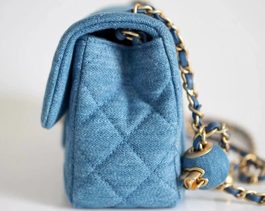 Square Mini Denim Flap Bag – Blue – Pearl Chain Accent