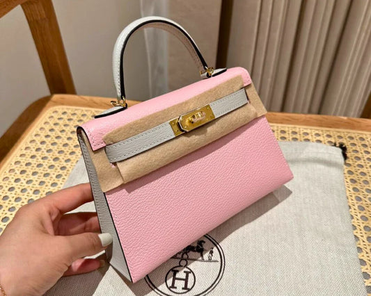Dual‑Tone Mini Saddle Top‑Handle Bag – Rose Sakura & Grey Chevre – Luxury Inspired