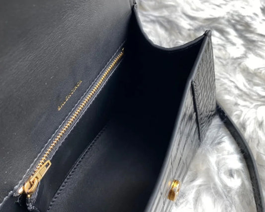 Black Croc-Embossed Hourglass Mini Bag – Textured Leather