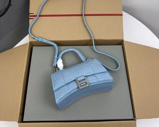 Blue Croc-Embossed Hourglass Mini Bag – Textured Leather