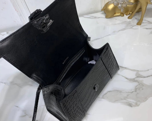Mini Crocodile-Pattern Top-Handle Bag – Deep Black – Luxury Inspired