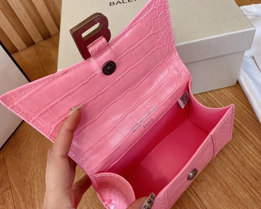 Pink Croc-Embossed Hourglass Mini Bag – Textured Leather