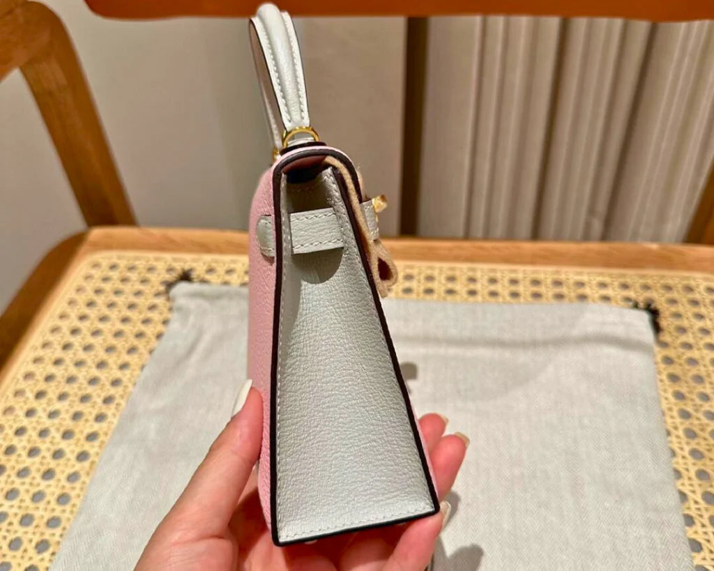 Dual‑Tone Mini Saddle Top‑Handle Bag – Rose Sakura & Grey Chevre – Luxury Inspired