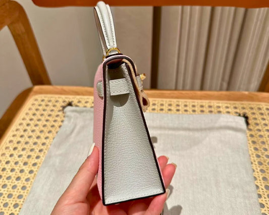 Dual‑Tone Mini Saddle Top‑Handle Bag – Rose Sakura & Grey Chevre – Luxury Inspired