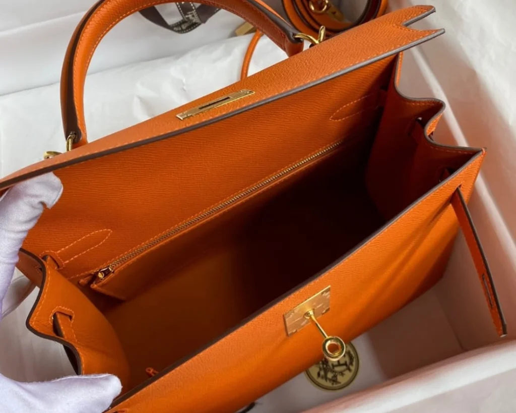 Large Structured Top-Handle Bag – Fiery Orange Epsom Leather – Gold Hardware