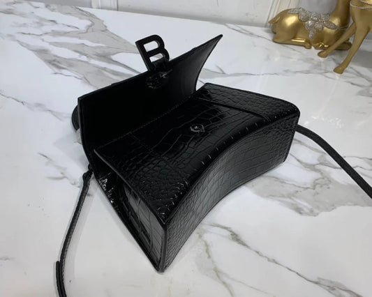 Mini Crocodile-Pattern Top-Handle Bag – Deep Black – Luxury Inspired