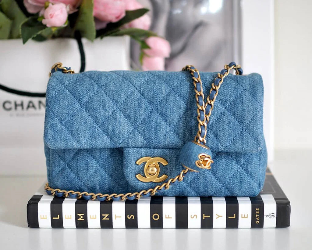 Square Mini Denim Flap Bag – Blue – Pearl Chain Accent