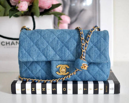 Square Mini Denim Flap Bag – Blue – Pearl Chain Accent