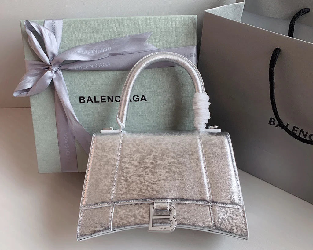 Silver Textured Calfskin Hourglass Mini Bag – Structured Design
