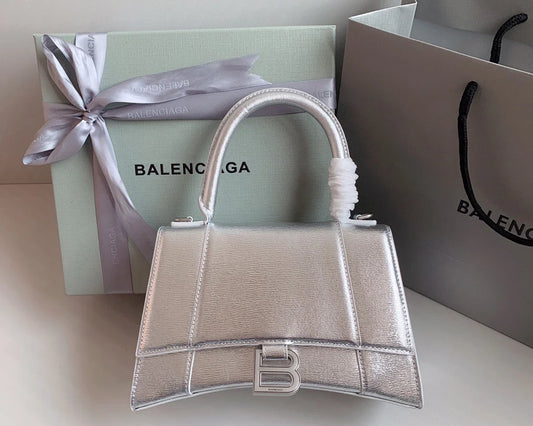 Silver Textured Calfskin Hourglass Mini Bag – Structured Design